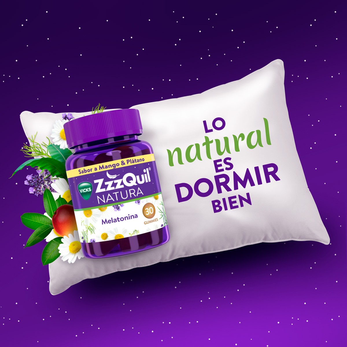 Zzzquil NATURA gummies plátano y mango de melatonina 1mg y valeriana 
30u.